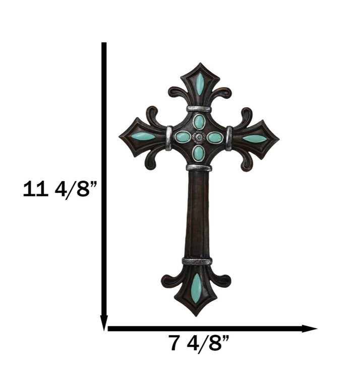 Ebros Gift Rustic Southwestern Fleur De Lis French Lily Turquoise Gems Christian Wall Cross