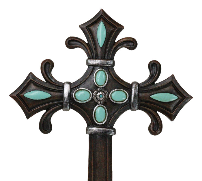 Ebros Gift Rustic Southwestern Fleur De Lis French Lily Turquoise Gems Christian Wall Cross