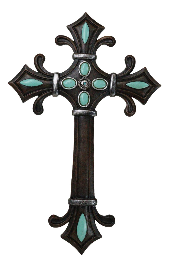 ebros gift Rustic Southwestern Fleur De Lis French Lily Turquoise Gems Christian Wall Cross