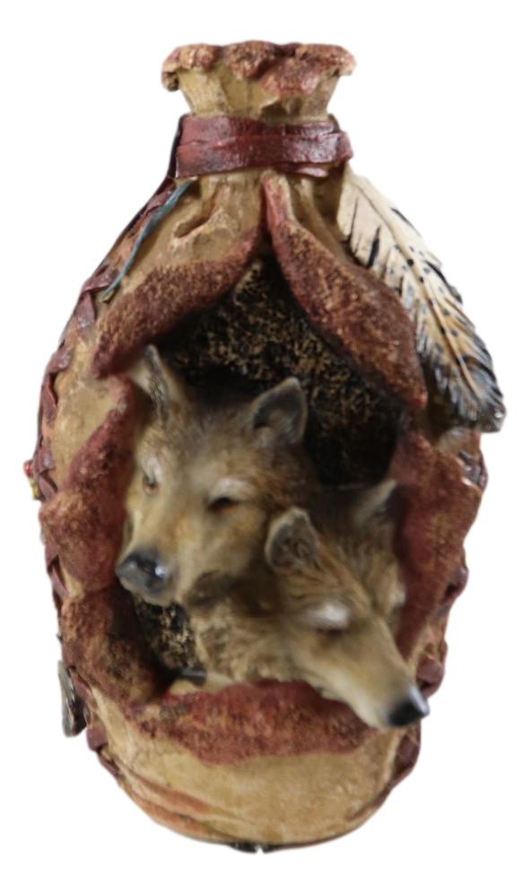 Ebros Gift Rustic Southwestern Indian 2 Wolves Dreamcatcher Feathers Floral Vase Sculpture