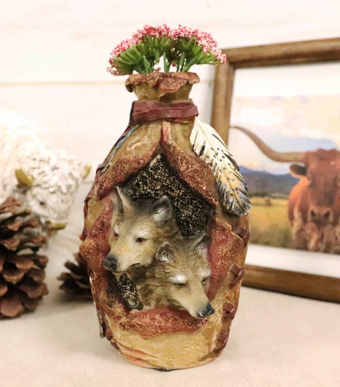 ebros gift Rustic Southwestern Indian 2 Wolves Dreamcatcher Feathers Floral Vase Sculpture