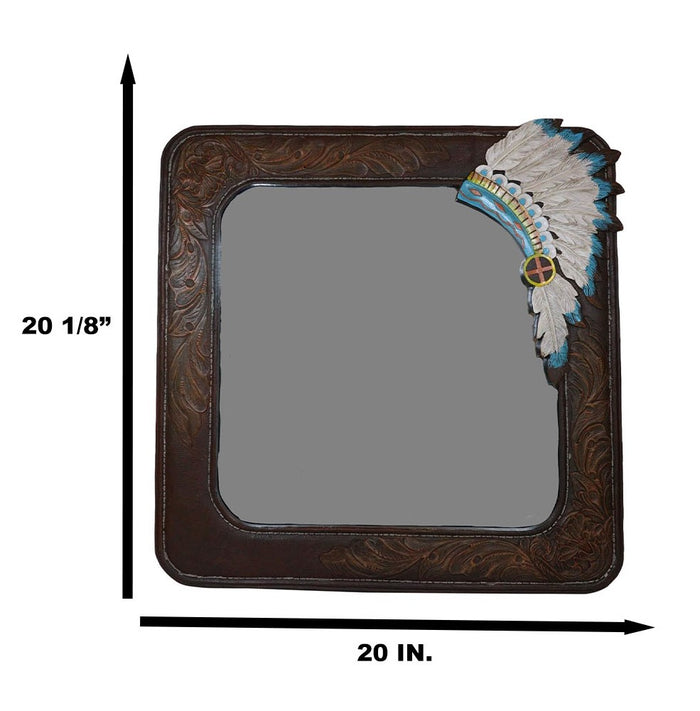 Ebros Gift Rustic Southwestern Indian Chief Headdress Faux Tooled Leather Wall Mirror Decor