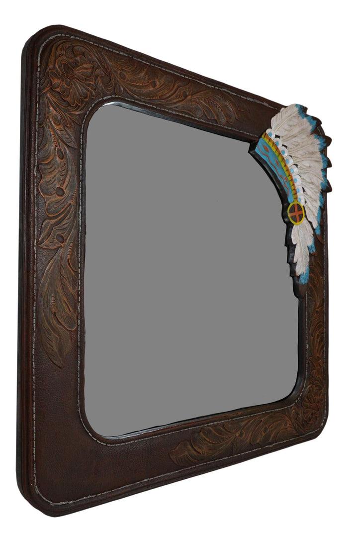 Ebros Gift Rustic Southwestern Indian Chief Headdress Faux Tooled Leather Wall Mirror Decor