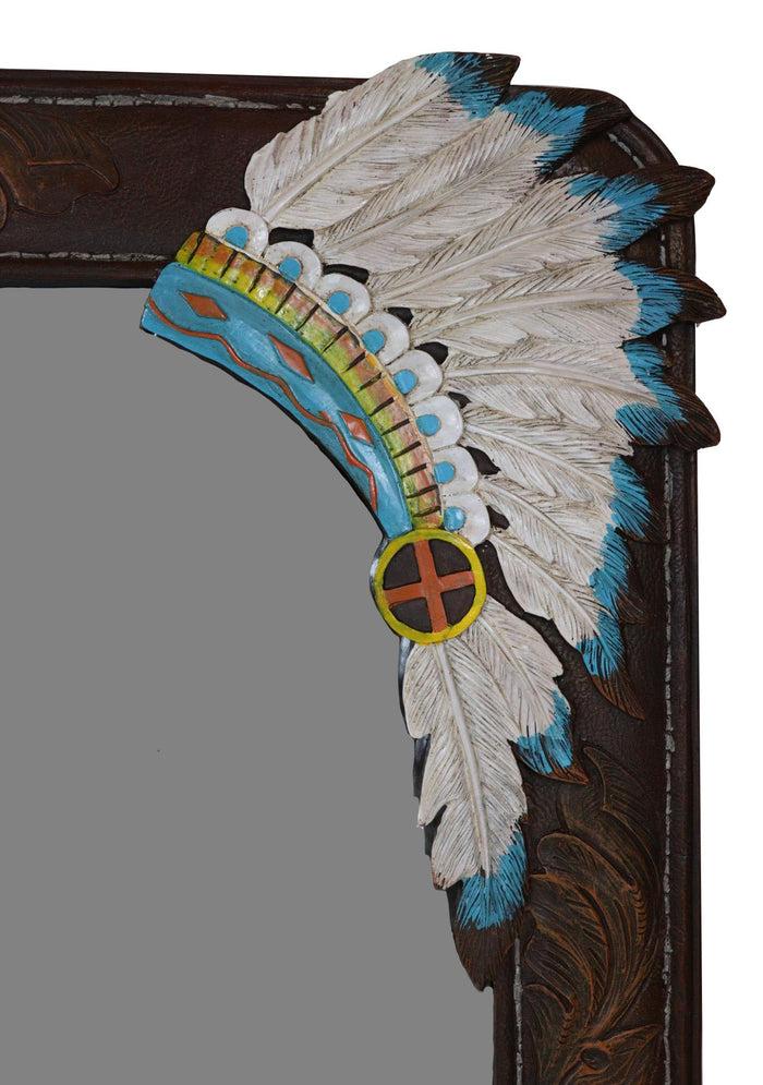 Ebros Gift Rustic Southwestern Indian Chief Headdress Faux Tooled Leather Wall Mirror Decor