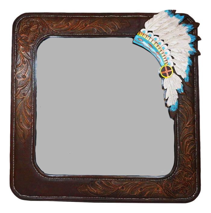 ebros gift Rustic Southwestern Indian Chief Headdress Faux Tooled Leather Wall Mirror Decor