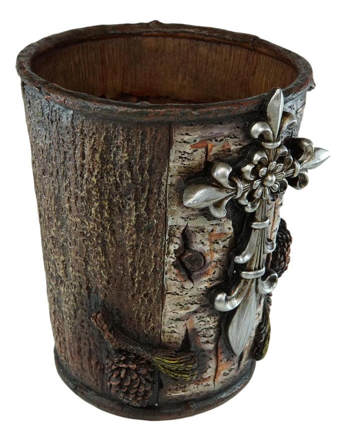 Ebros Gift Rustic Southwestern Le Fleur Cross W/ Birch And Pinecones Waste Basket Trash Bin