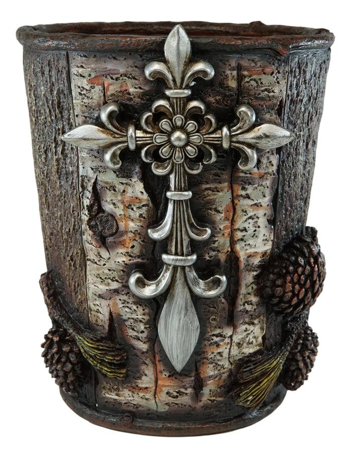 Ebros Gift Rustic Southwestern Le Fleur Cross W/ Birch And Pinecones Waste Basket Trash Bin