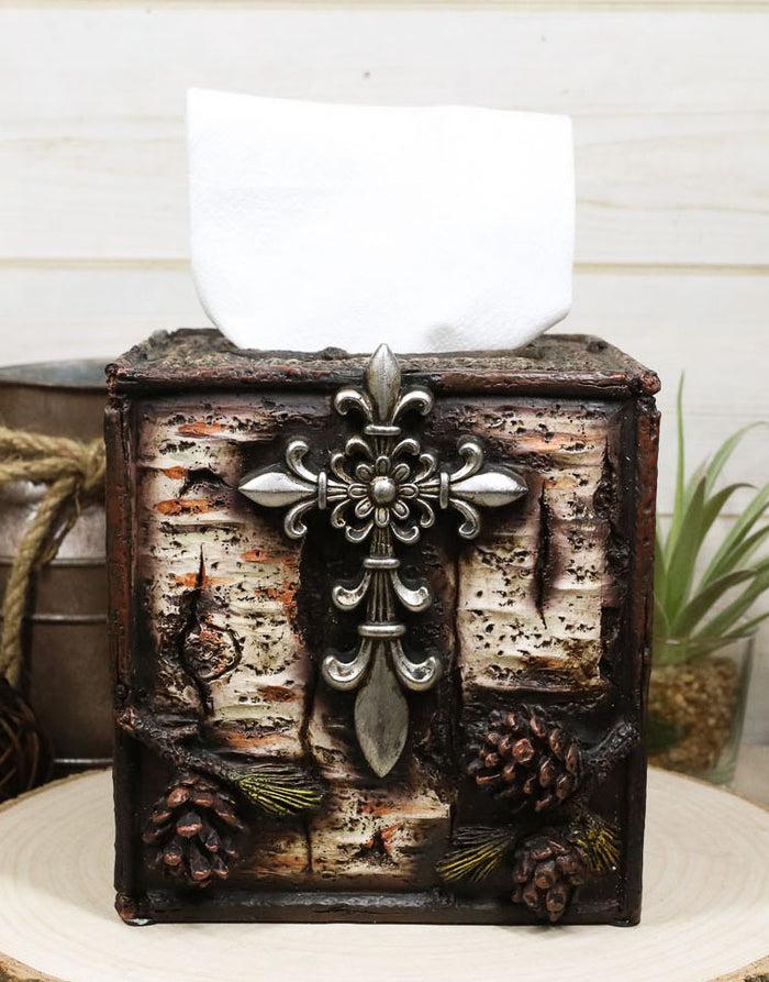 ebros gift Rustic Southwestern Le Fleur Cross W/ Birch And Pinecones Tissue Box Holder Case