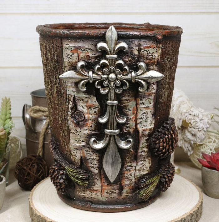 ebros gift Rustic Southwestern Le Fleur Cross W/ Birch And Pinecones Waste Basket Trash Bin