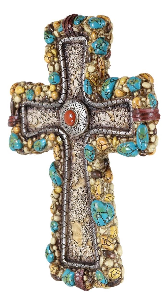 Ebros Gift Rustic Southwestern Stony Crackled Turquoise Rocks And Colorful Gems Wall Cross