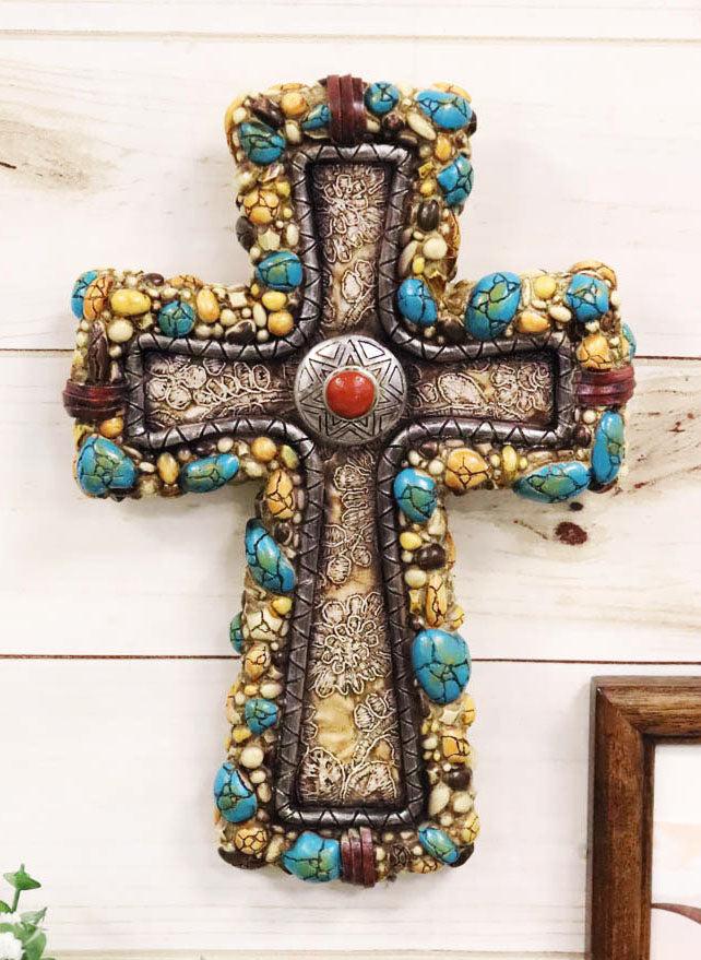 ebros gift Rustic Southwestern Stony Crackled Turquoise Rocks And Colorful Gems Wall Cross
