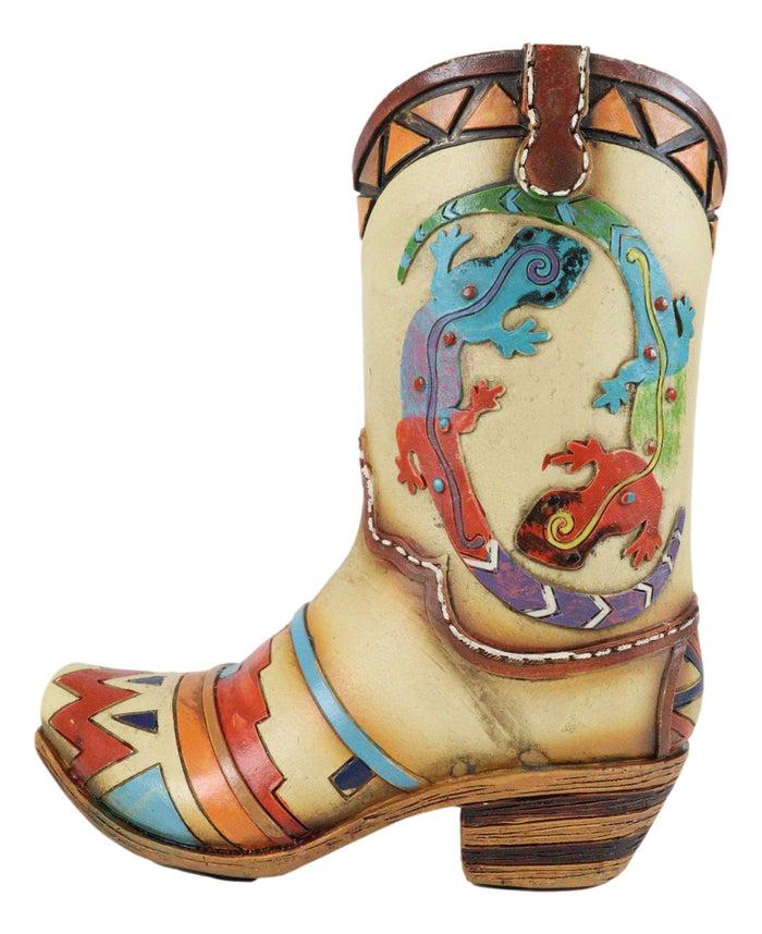 Ebros Gift Rustic Southwestern Tribal Aztec 2 Gecko Lizards Cowgirl Cowboy Boot Floral Vase