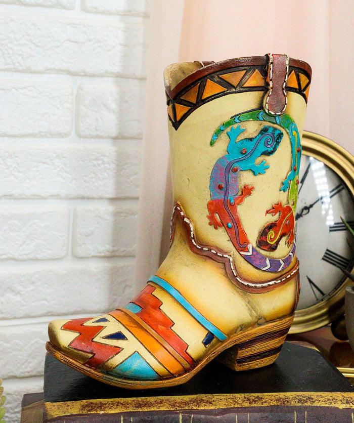 ebros gift Rustic Southwestern Tribal Aztec 2 Gecko Lizards Cowgirl Cowboy Boot Floral Vase