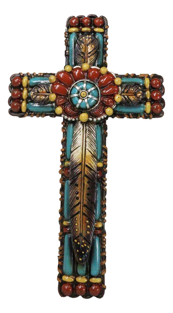 ebros gift Rustic Southwestern Tribal Chic Feather With Colorful Floral Motifs Wall Cross