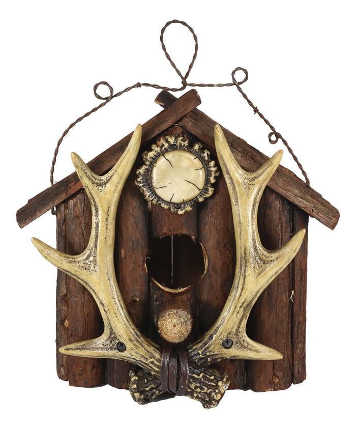 Ebros Gift Rustic Stag Antlers On Cabin Log House Birdhouse Bird Feeder With Wire Hanger