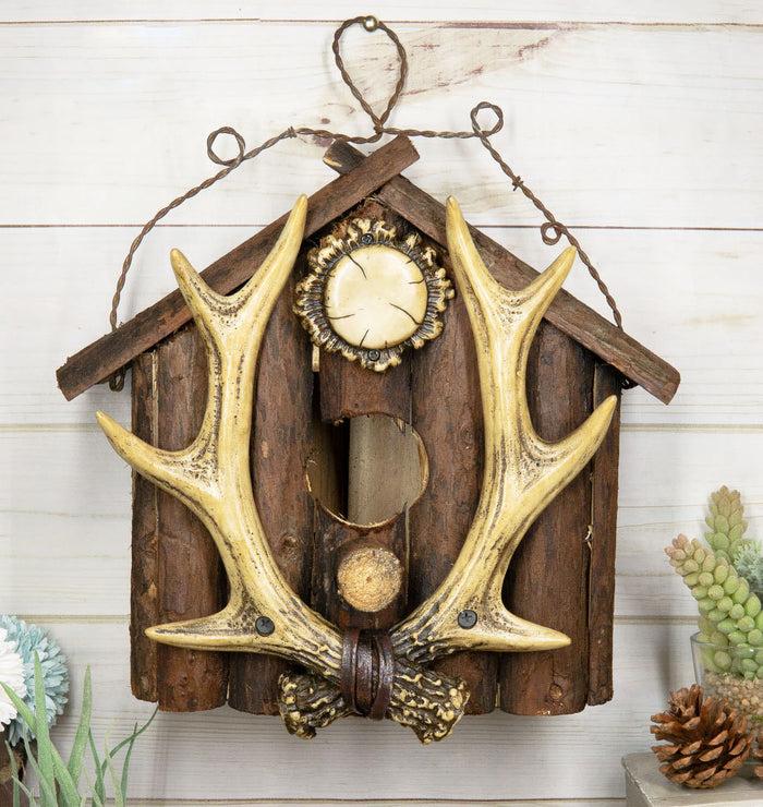 ebros gift Rustic Stag Antlers On Cabin Log House Birdhouse Bird Feeder With Wire Hanger