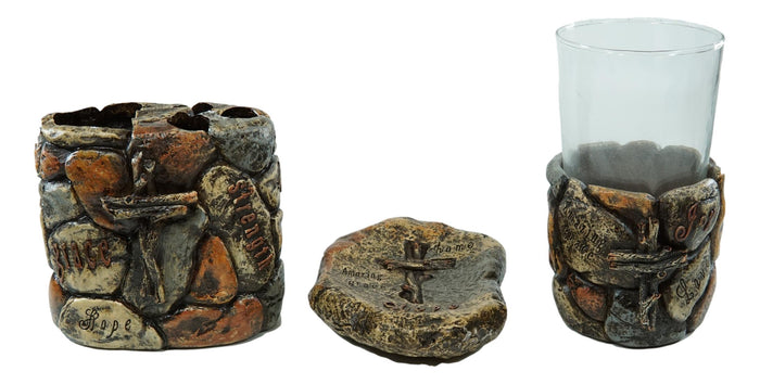 Ebros Gift Rustic Stony Cross Love Joy Hope Tumbler Cup Soap Dish & Toothbrush Holder Set