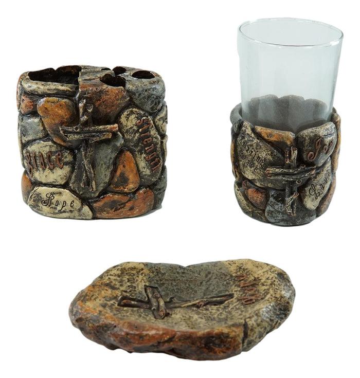 Ebros Gift Rustic Stony Cross Love Joy Hope Tumbler Cup Soap Dish & Toothbrush Holder Set