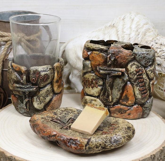 ebros gift Rustic Stony Cross Love Joy Hope Tumbler Cup Soap Dish & Toothbrush Holder Set