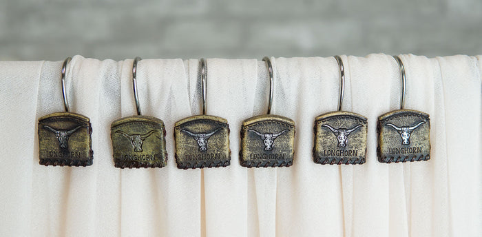 Ebros Gift Rustic Texas Longhorn Cow In Tan Faux Leather Bathroom Shower Curtain Hooks 12pk