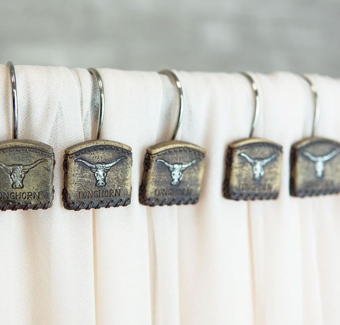 ebros gift Rustic Texas Longhorn Cow In Tan Faux Leather Bathroom Shower Curtain Hooks 12pk