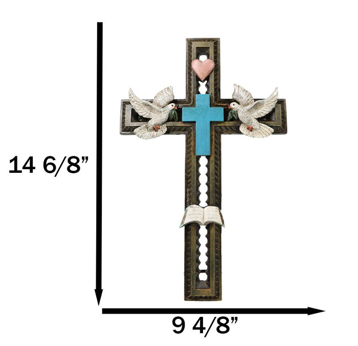 Ebros Gift Rustic Turquoise Blue With Holy Bible White Doves Heart Faux Wooden Wall Cross