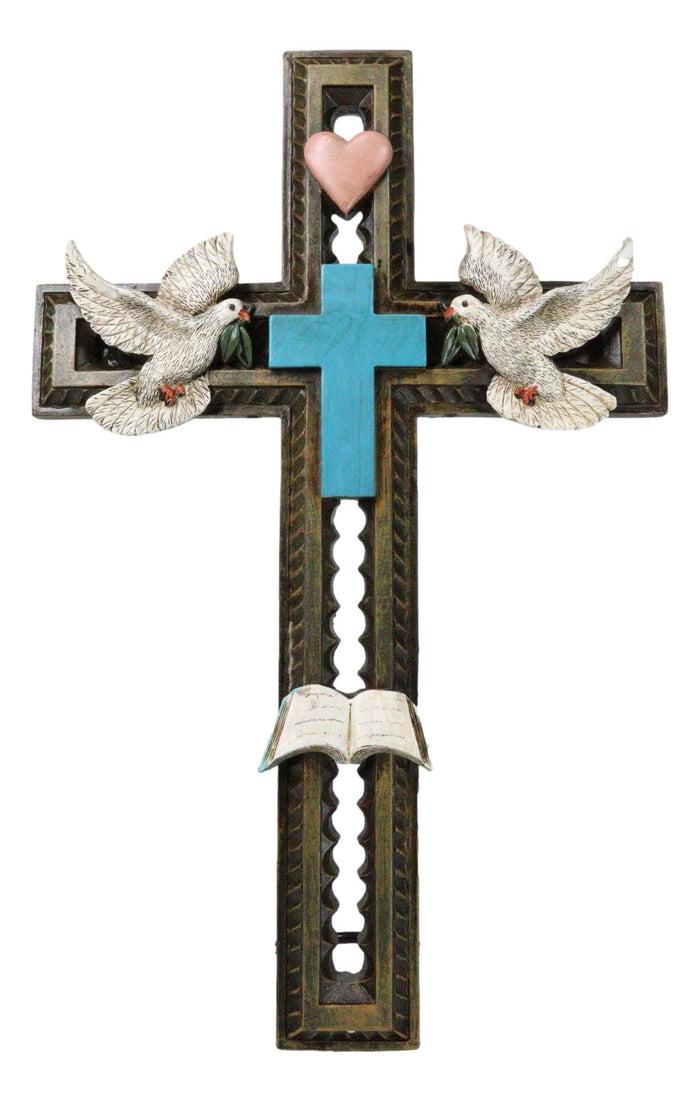 ebros gift Rustic Turquoise Blue With Holy Bible White Doves Heart Faux Wooden Wall Cross