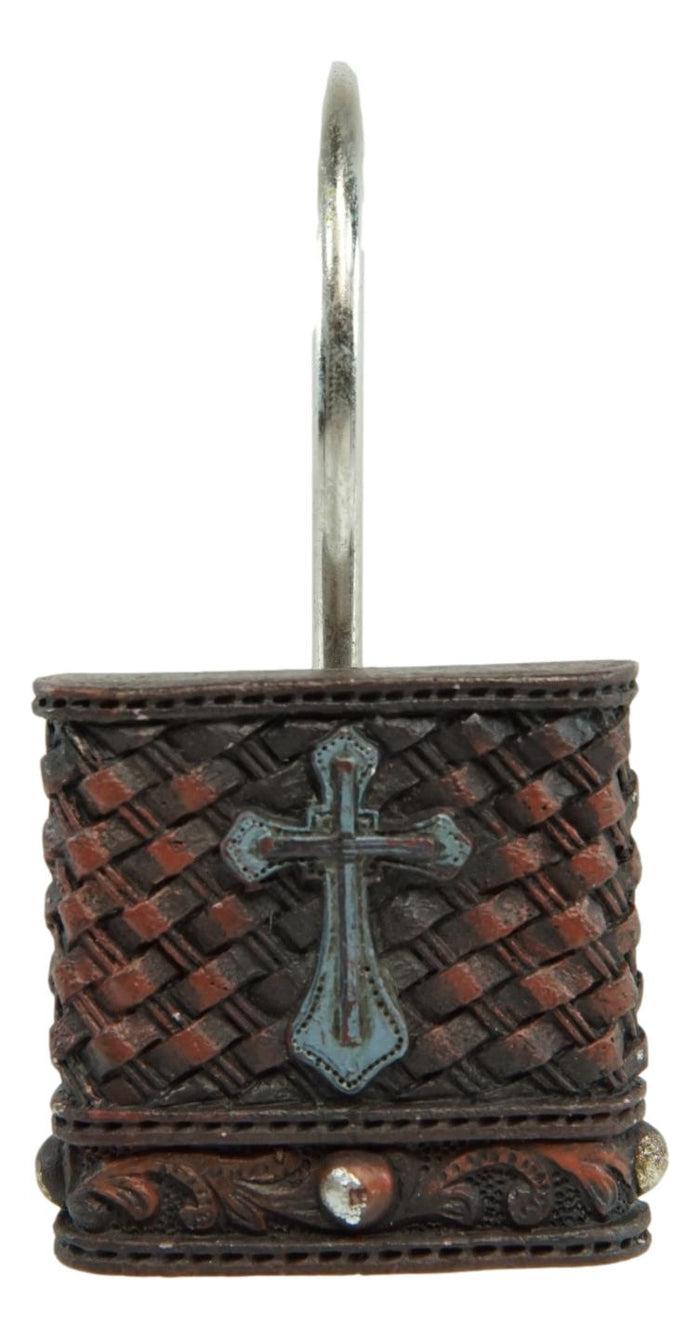 Ebros Gift Rustic Turquoise Cross On Faux Weaved Leather Bathroom Shower Curtain Hooks 12pk