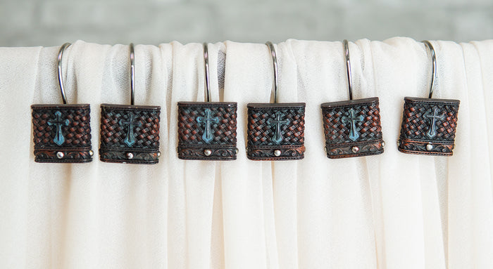 Ebros Gift Rustic Turquoise Cross On Faux Weaved Leather Bathroom Shower Curtain Hooks 12pk