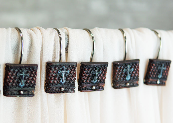 ebros gift Rustic Turquoise Cross On Faux Weaved Leather Bathroom Shower Curtain Hooks 12pk