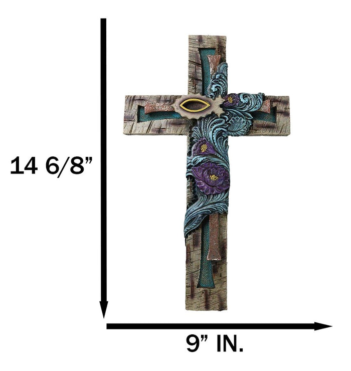 Ebros Gift Rustic Turquoise Floral Blooms Ichthys Jesus Fish Symbol Faux Wooden Wall Cross
