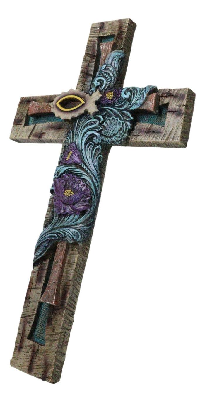 Ebros Gift Rustic Turquoise Floral Blooms Ichthys Jesus Fish Symbol Faux Wooden Wall Cross