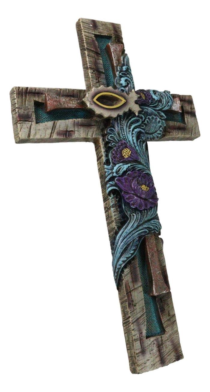 Ebros Gift Rustic Turquoise Floral Blooms Ichthys Jesus Fish Symbol Faux Wooden Wall Cross