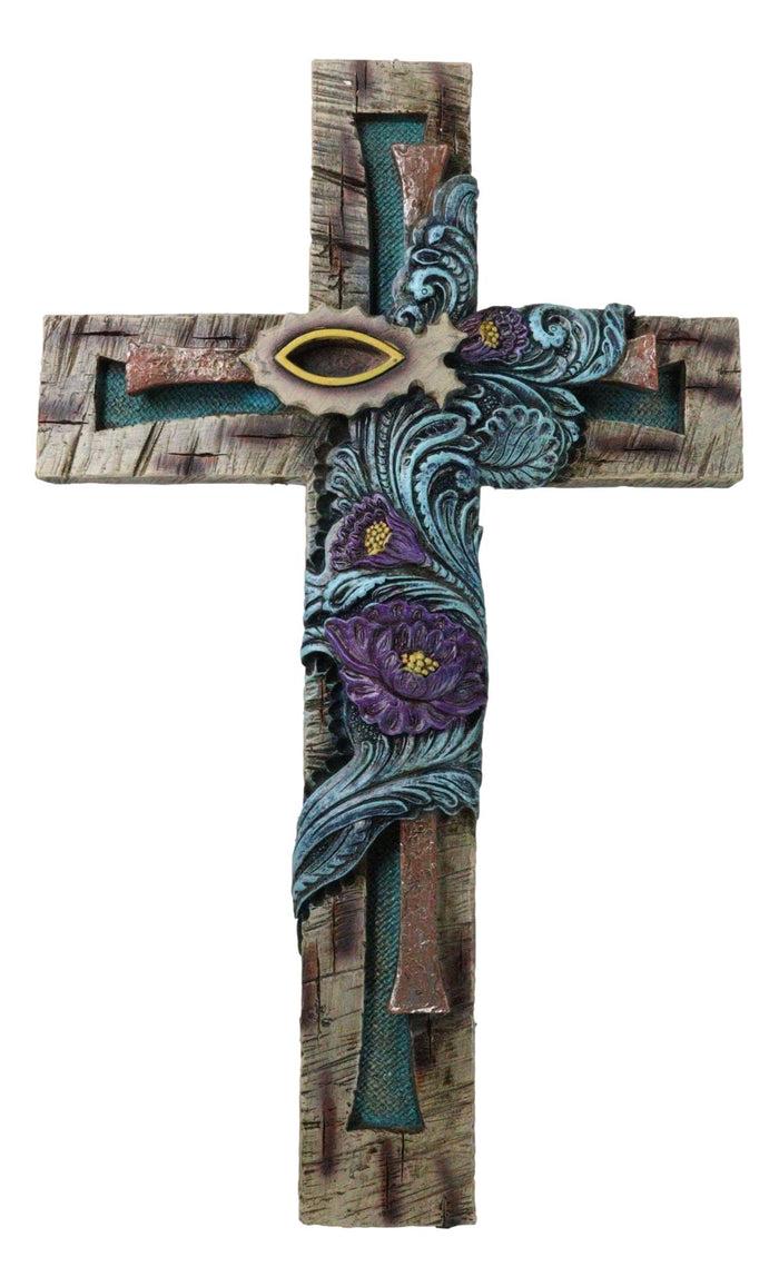 ebros gift Rustic Turquoise Floral Blooms Ichthys Jesus Fish Symbol Faux Wooden Wall Cross