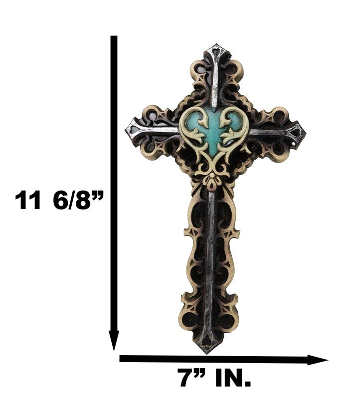 Ebros Gift Rustic Turquoise Heart With Floral Scrollwork And Heart Spike Nails Wall Cross