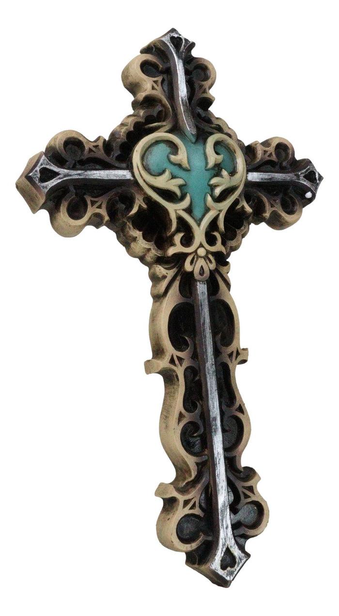 Ebros Gift Rustic Turquoise Heart With Floral Scrollwork And Heart Spike Nails Wall Cross