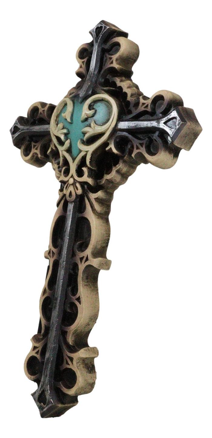 Ebros Gift Rustic Turquoise Heart With Floral Scrollwork And Heart Spike Nails Wall Cross