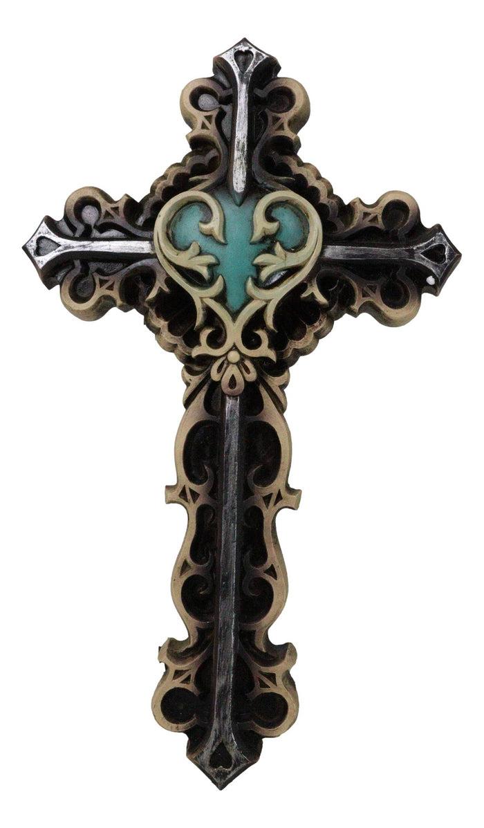 ebros gift Rustic Turquoise Heart With Floral Scrollwork And Heart Spike Nails Wall Cross
