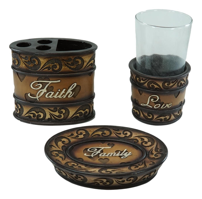 Ebros Gift Rustic Tuscany Scroll Family Love Tumbler Cup Soap Dish & Toothbrush Holder Set