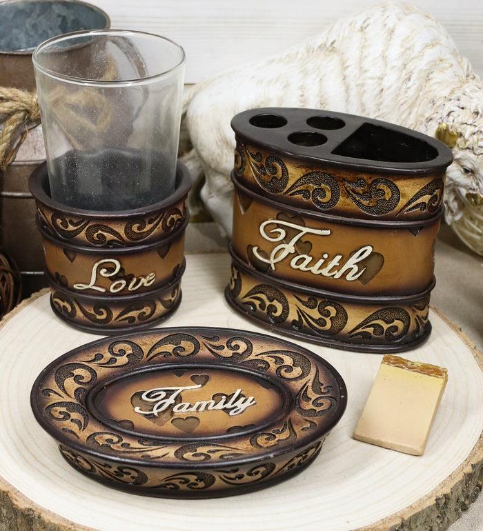 ebros gift Rustic Tuscany Scroll Family Love Tumbler Cup Soap Dish & Toothbrush Holder Set