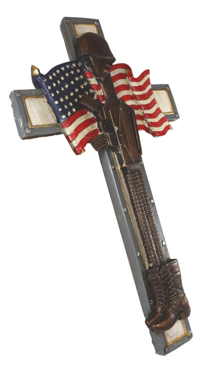 Ebros Gift Rustic USA Flag American Fallen Soldier Helmet Rifle Boots Memorial Wall Cross