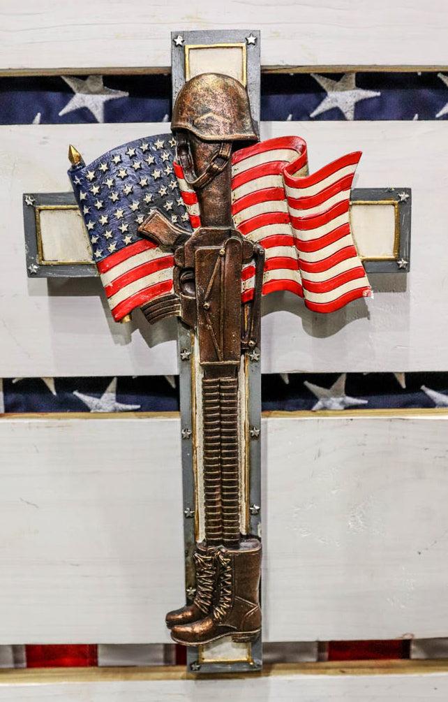 ebros gift Rustic USA Flag American Fallen Soldier Helmet Rifle Boots Memorial Wall Cross