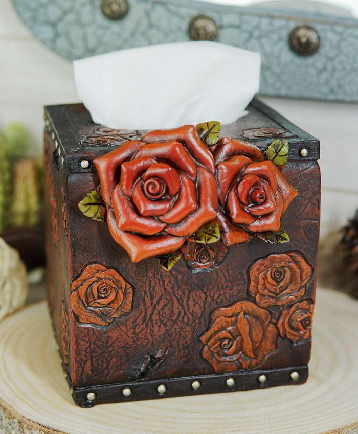ebros gift Rustic Vintage Blooming Floral Red Roses Faux Tooled Leather Tissue Box Cover