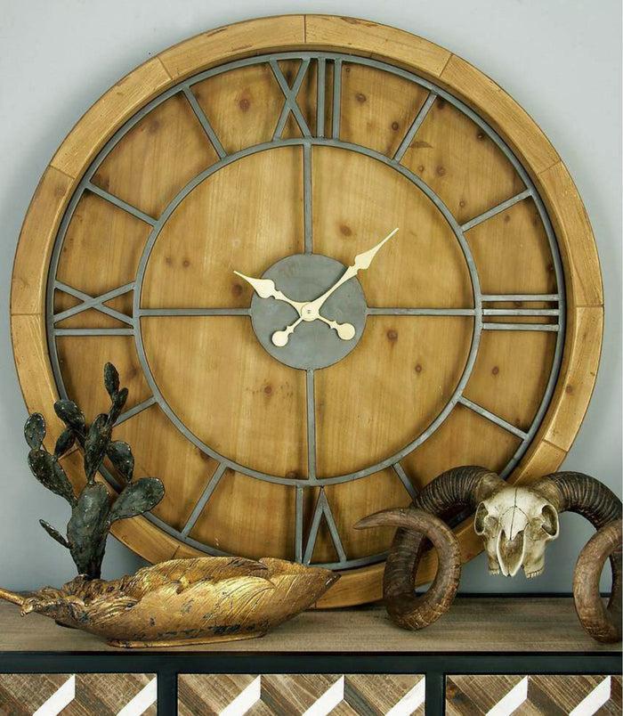 ebros gift Rustic Vintage Mediterranean Brown Wooden Oversized Decorative Wall Clock 40"D