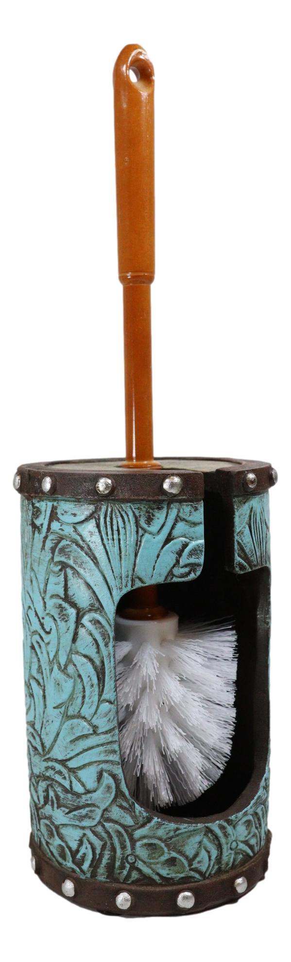 Ebros Gift Rustic Vintage Western Turquoise Faux Leather Floral Toilet Brush And Holder Set