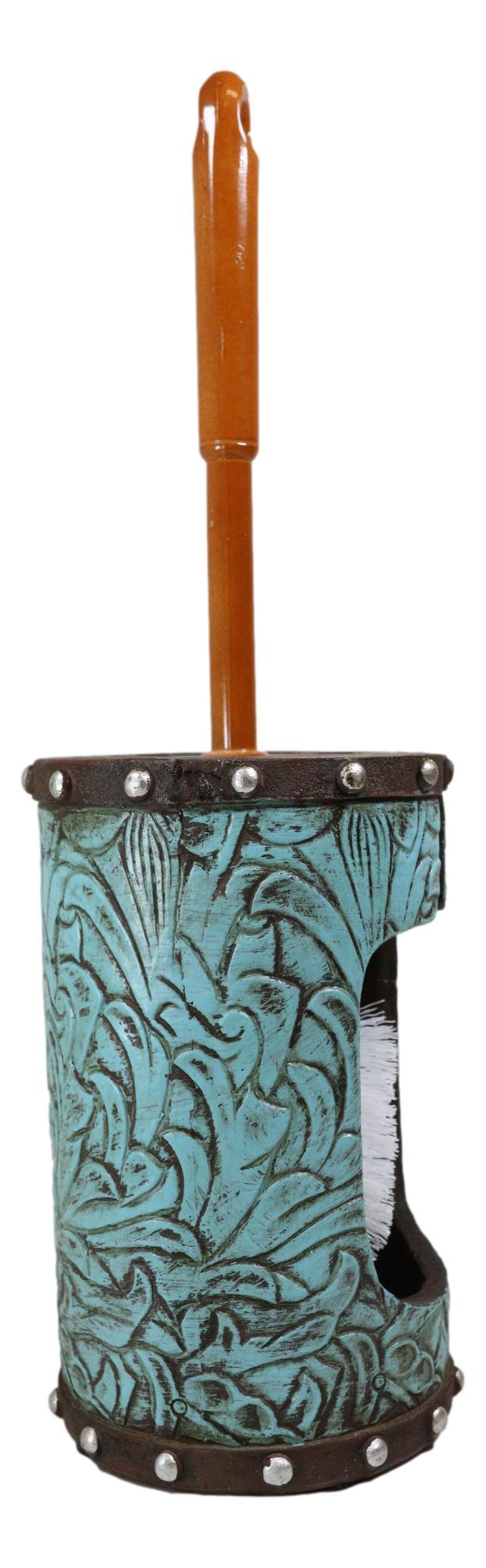 Ebros Gift Rustic Vintage Western Turquoise Faux Leather Floral Toilet Brush And Holder Set