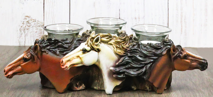 ebros gift Rustic Western 3 Brown White Horses By Tree Logs Triple Votives Candle Holder