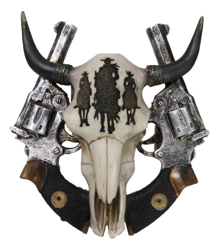 ebros gift Rustic Western 3 Cowboys On Horses Cow Skull With Dual Pistols Wall Decor Plaque