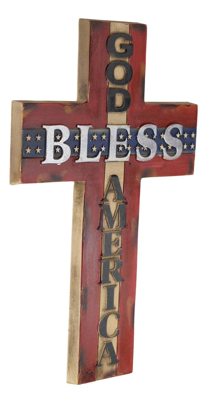 Ebros Gift Rustic Western American Flag Colors God Bless America Patriotic Wall Cross 14"H