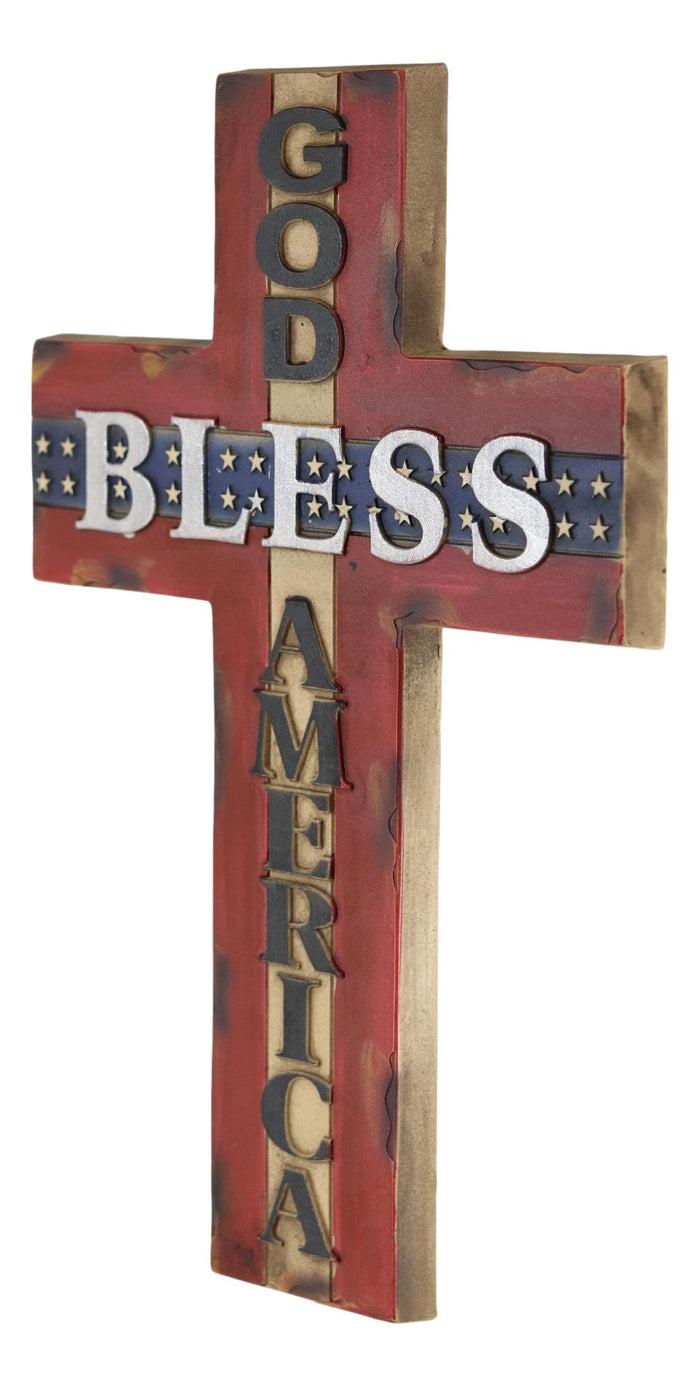 Ebros Gift Rustic Western American Flag Colors God Bless America Patriotic Wall Cross 14"H